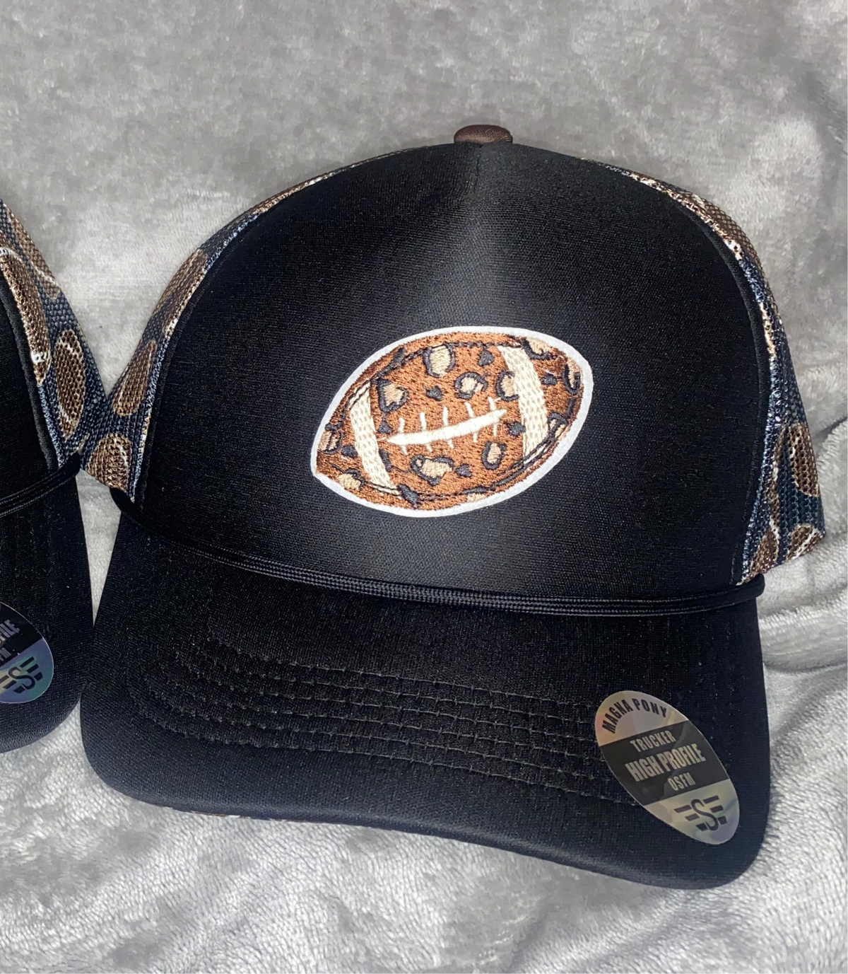Black Football Magna Pony Mesh Foam Trucker Hat - Leopard