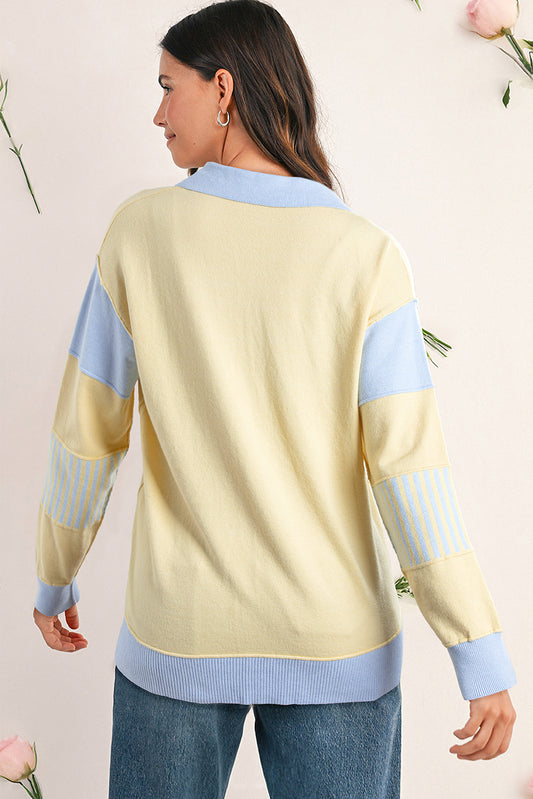 Limoncello Sky Blue Striped Patchwork Collar Sweater