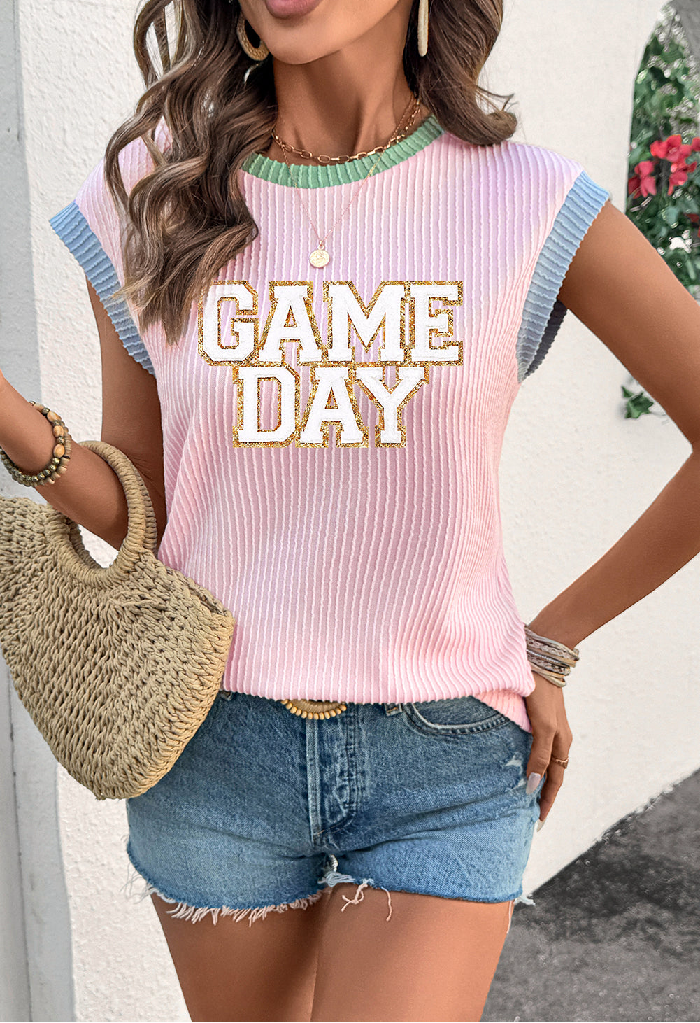Pink Sequin GAME DAY Graphic Corded Rib Knit Colorblock