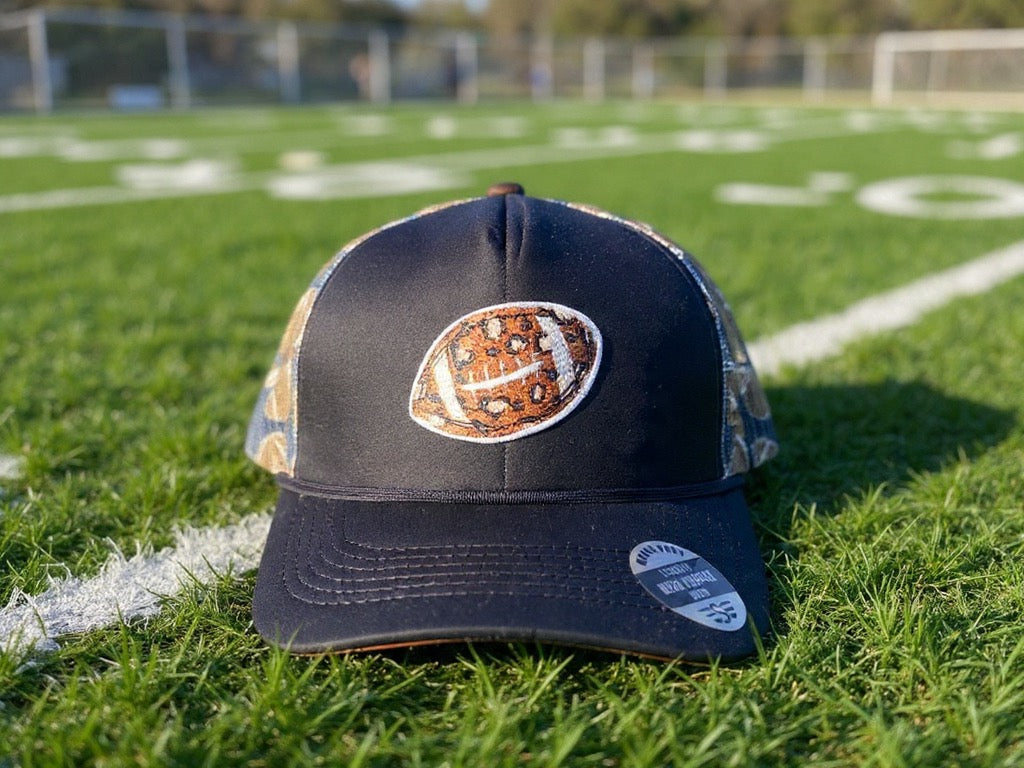 Black Football Magna Pony Mesh Foam Trucker Hat - Leopard