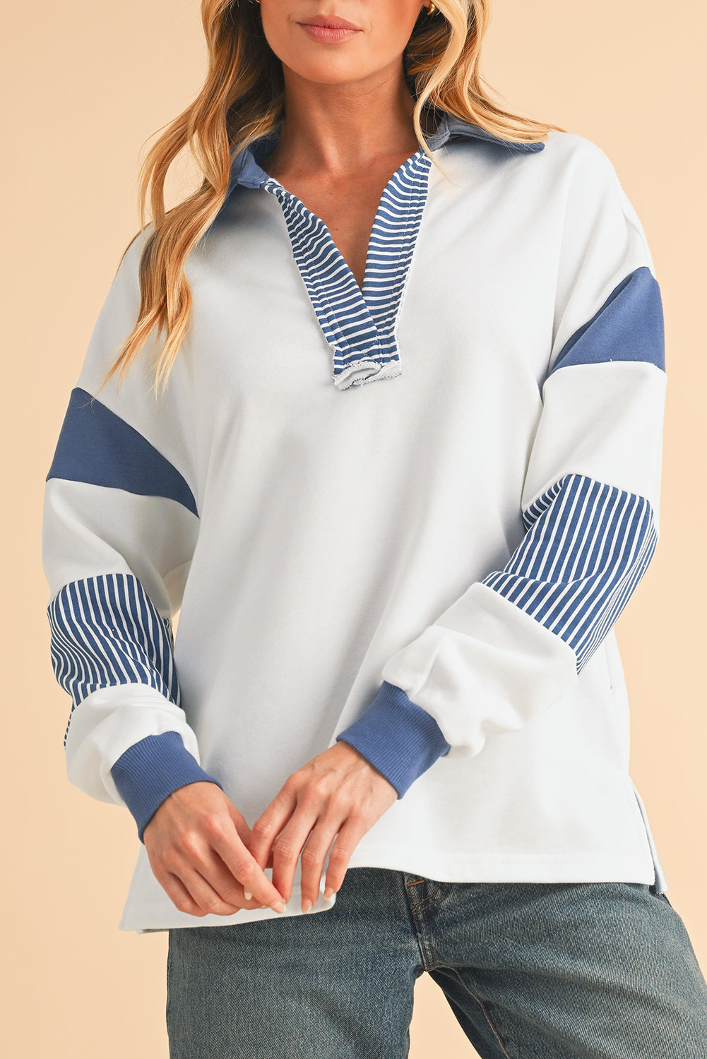 White Dark Blue Striped Patchwork Collar Sweater