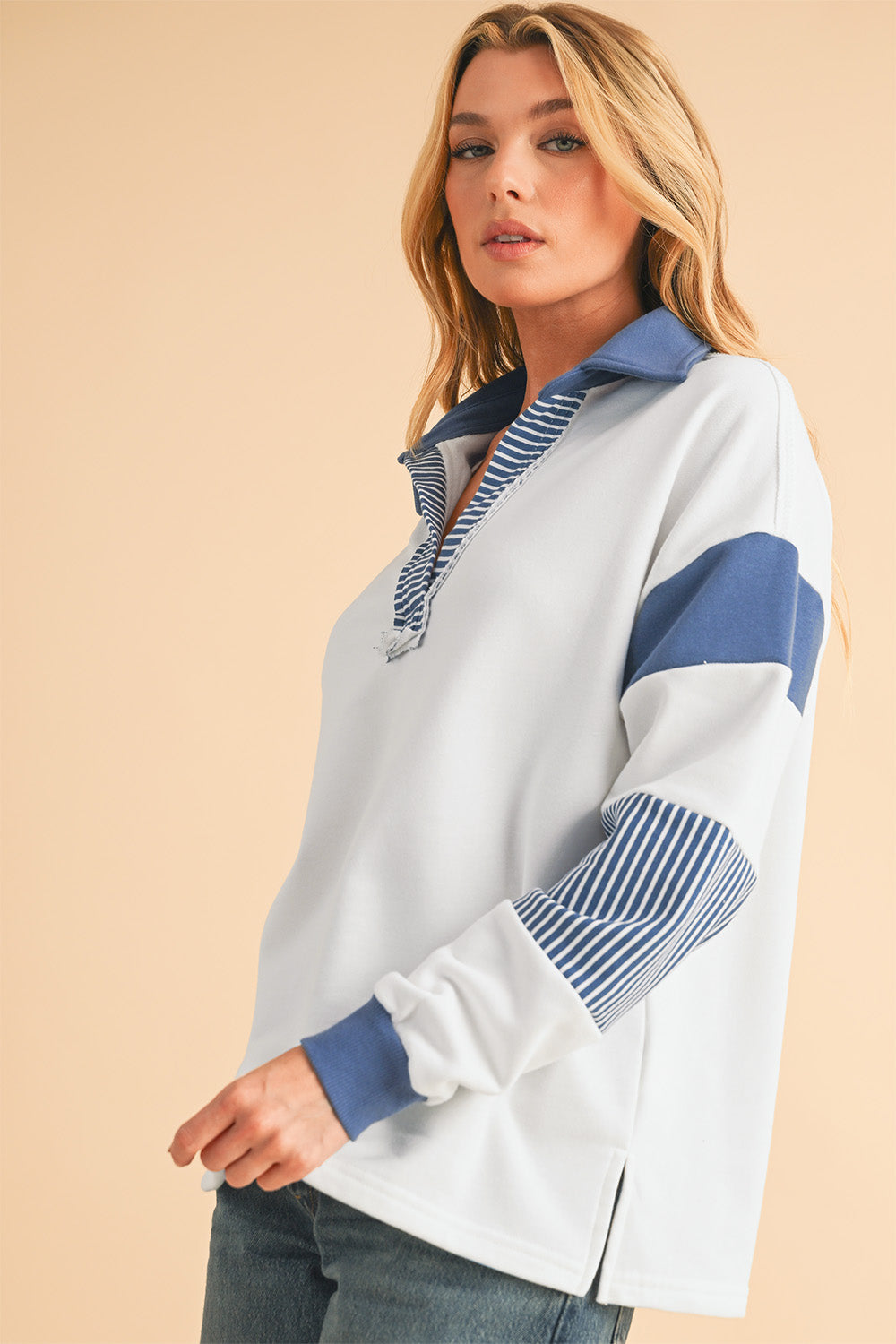 White Dark Blue Striped Patchwork Collar Sweater