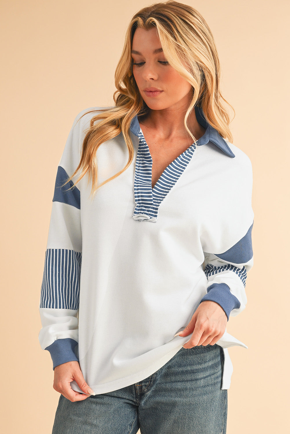White Dark Blue Striped Patchwork Collar Sweater