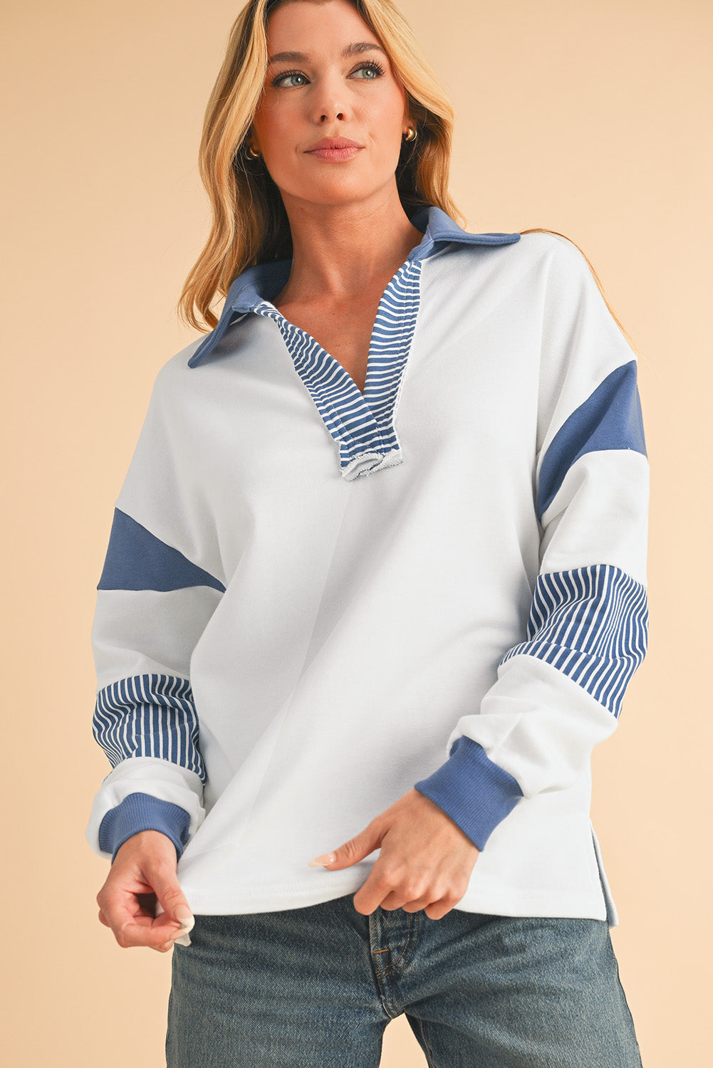 White Dark Blue Striped Patchwork Collar Sweater