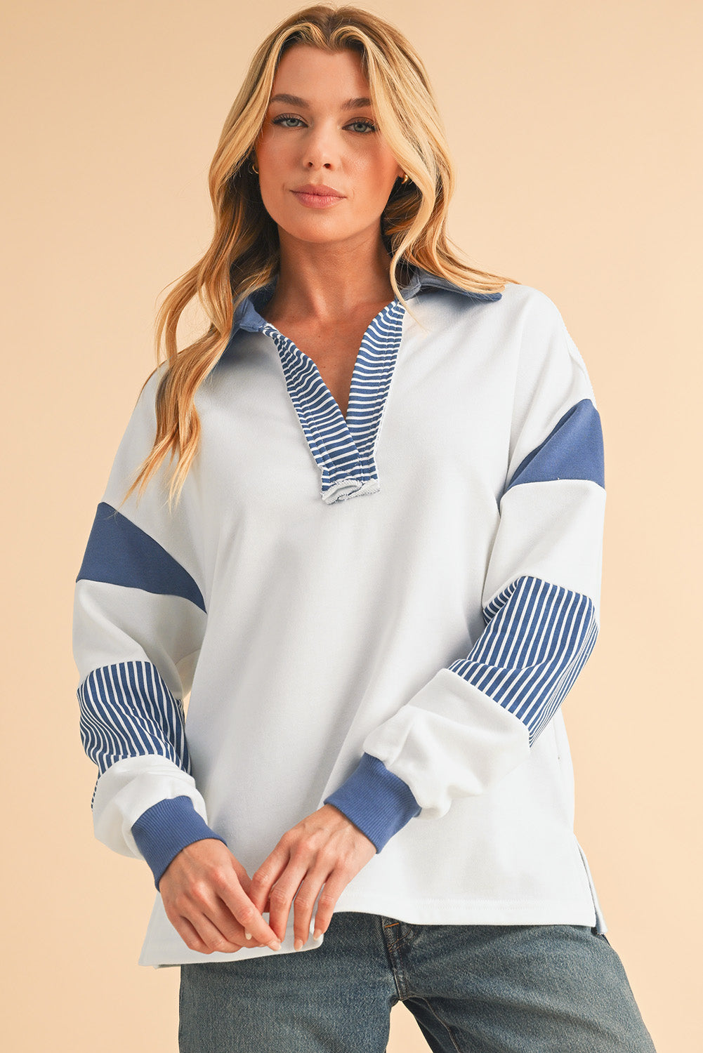 White Dark Blue Striped Patchwork Collar Sweater