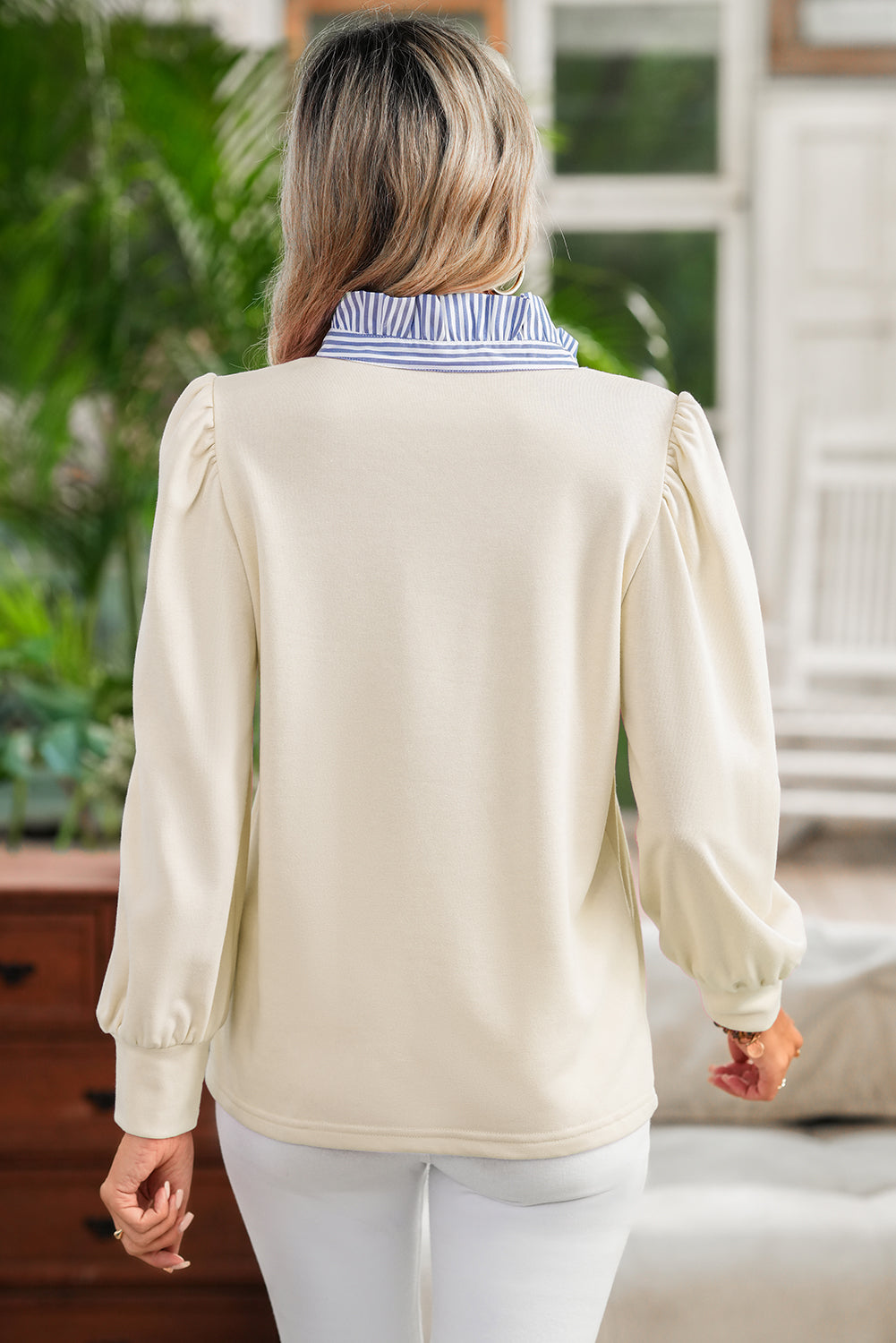Light Yellow Striped Ruffle Collar Pullover