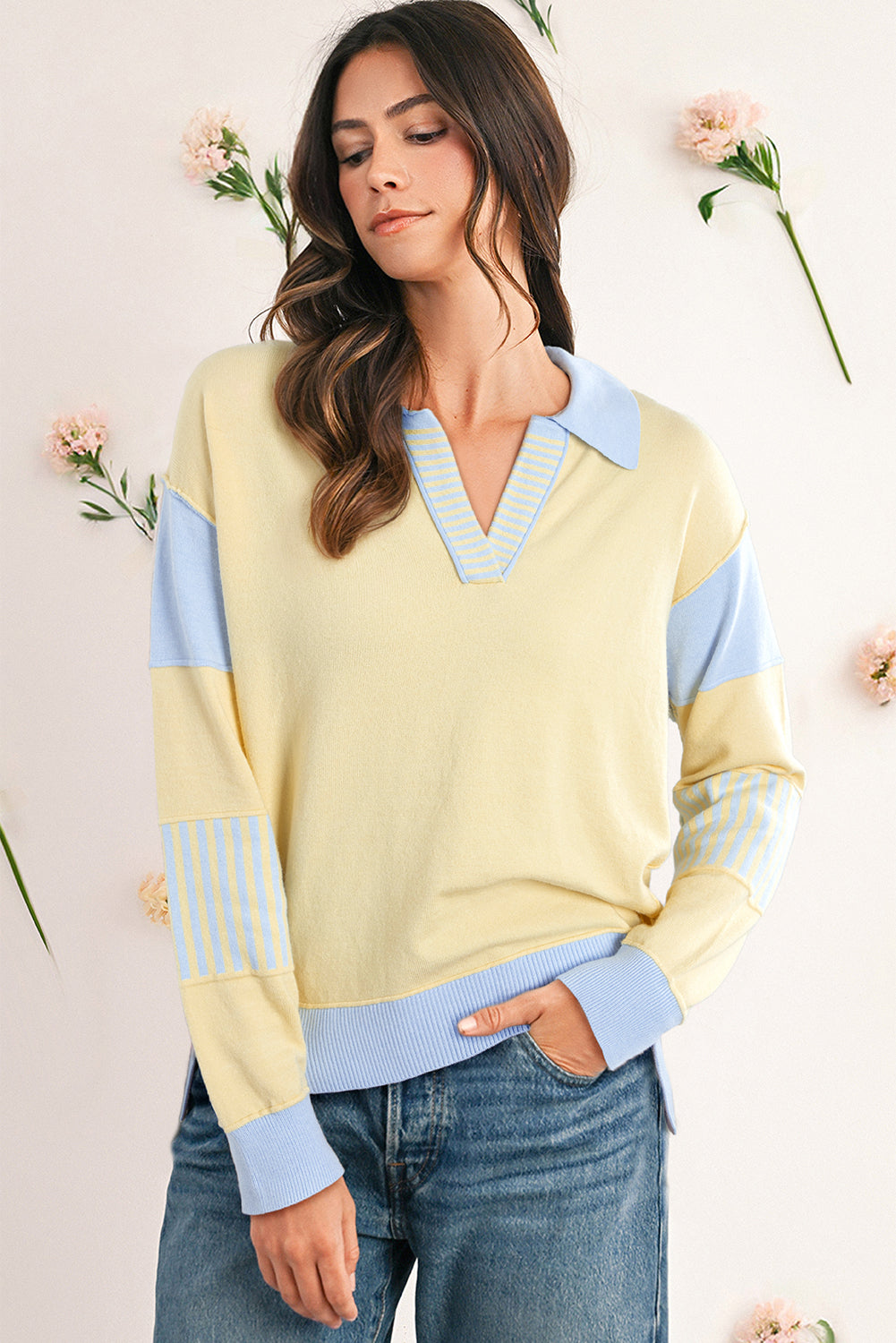 Limoncello Sky Blue Striped Patchwork Collar Sweater
