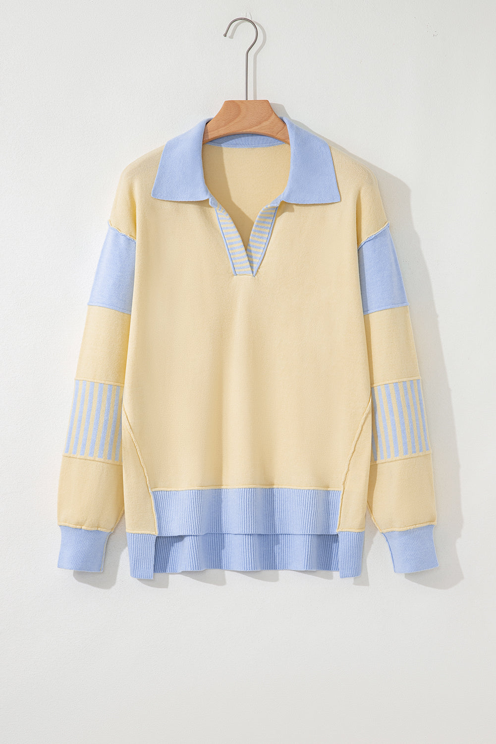 Limoncello Sky Blue Striped Patchwork Collar Sweater
