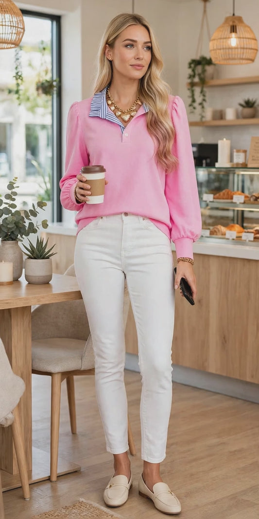 Rose Bonbon Striped Ruffle Collar Pullover