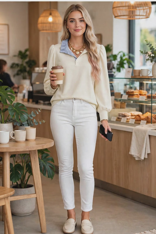 Light Yellow Striped Ruffle Collar Pullover
